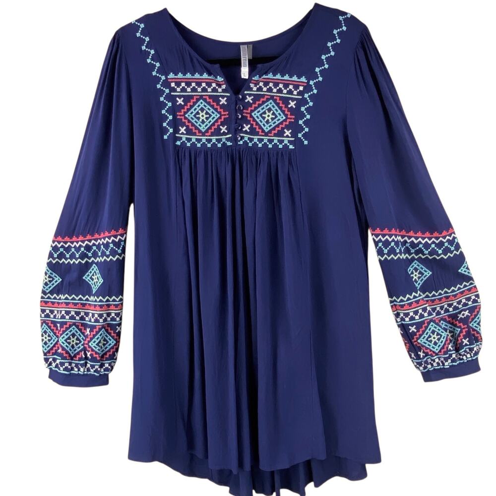 Monoreno Embroidered Tunic Top Size L Blue Boho